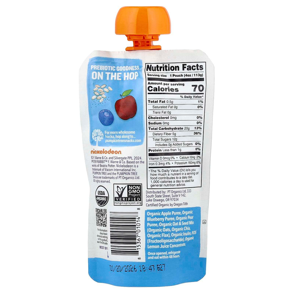 Pumpkin Tree Organics, Peter Rabbit™ Organics, органическое фруктовое пюре, овсяные хлопья и семена, яблоко и голубика, 113 г (4 унции)