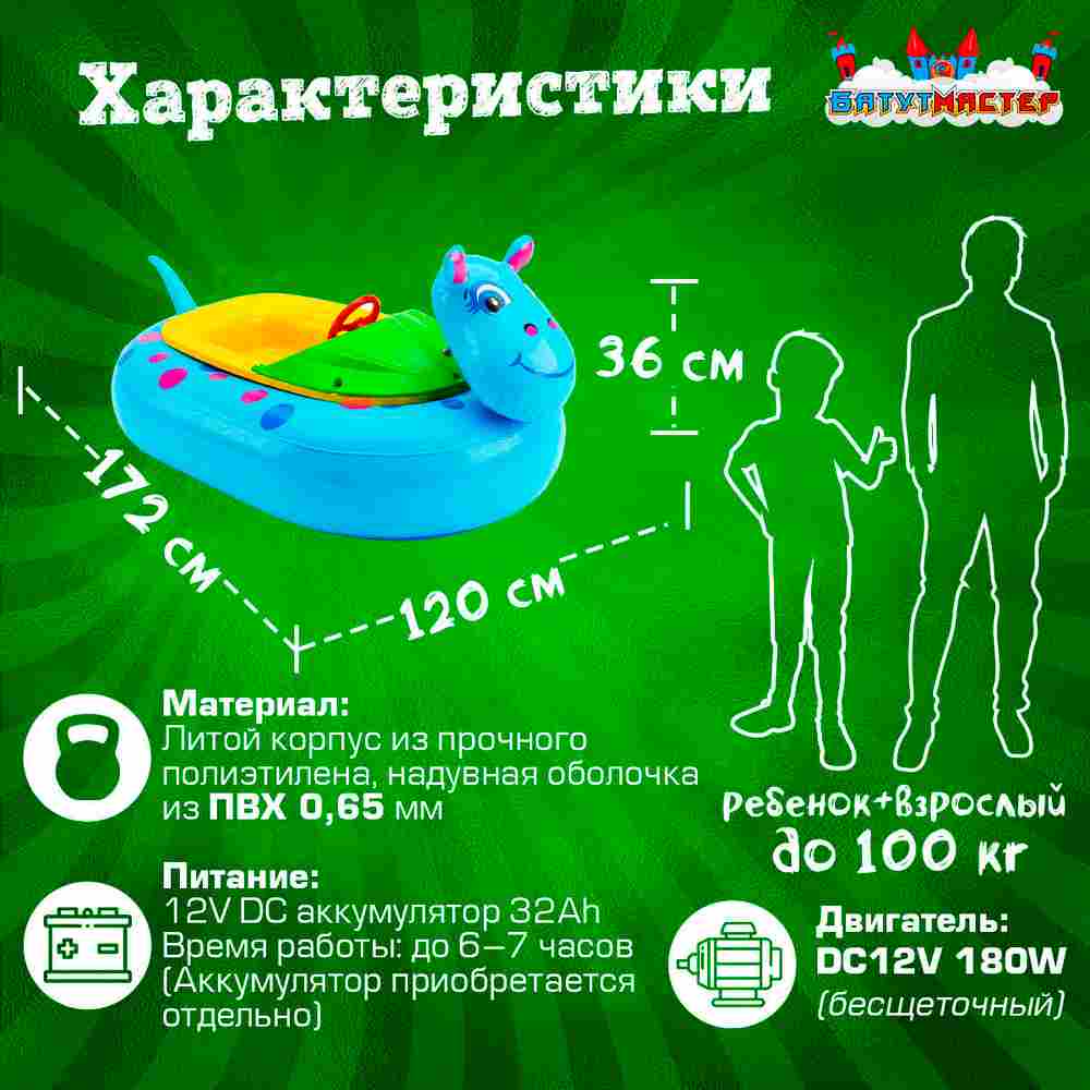 Электролодочка «Бегемот», взрослая, на часовом механизме, 172×120×36 см