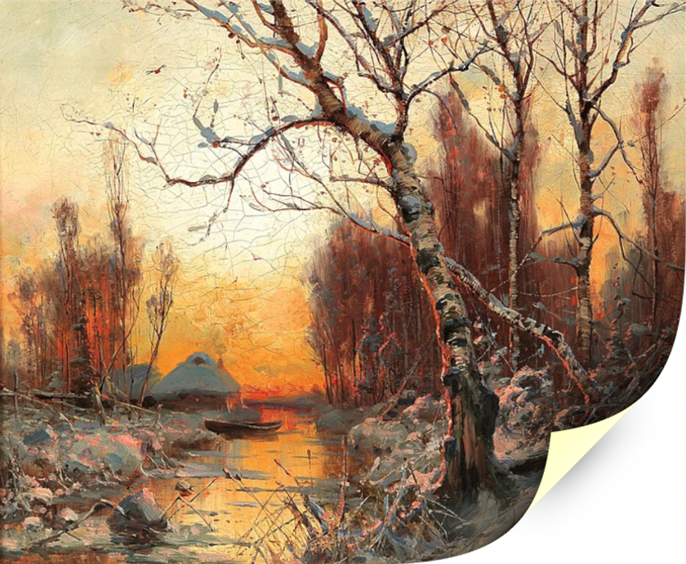 Зимний пейзаж с березой в вечернем свете, Клевер Ю. Ю., картина для интерьера (репродукция) Настене.рф