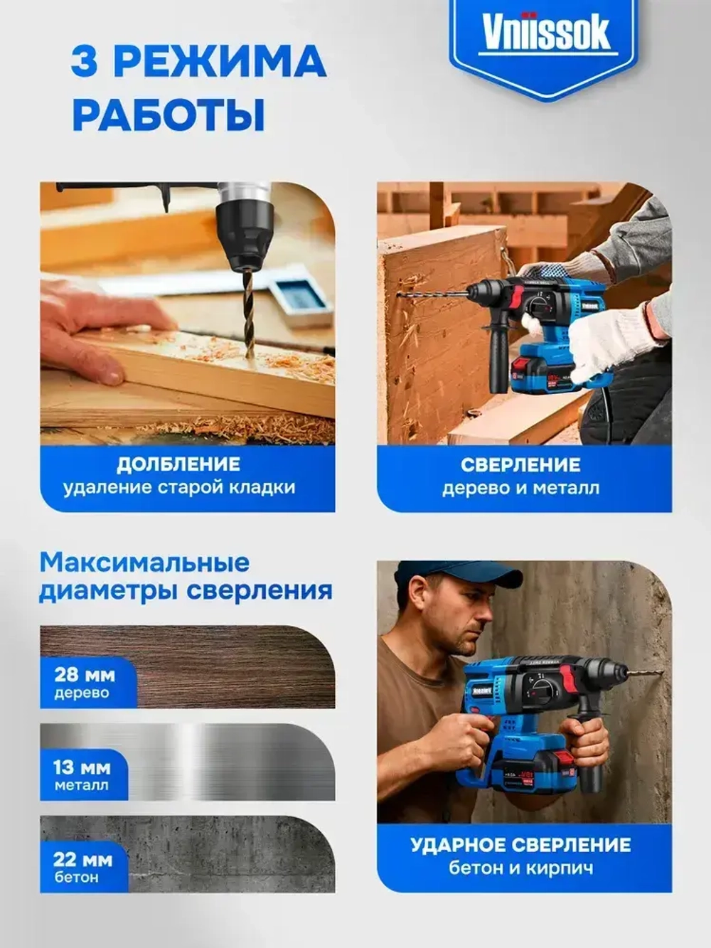 Перфоратор бесщеточный аккумуляторный VNIISSOK 2Дж, V-18В