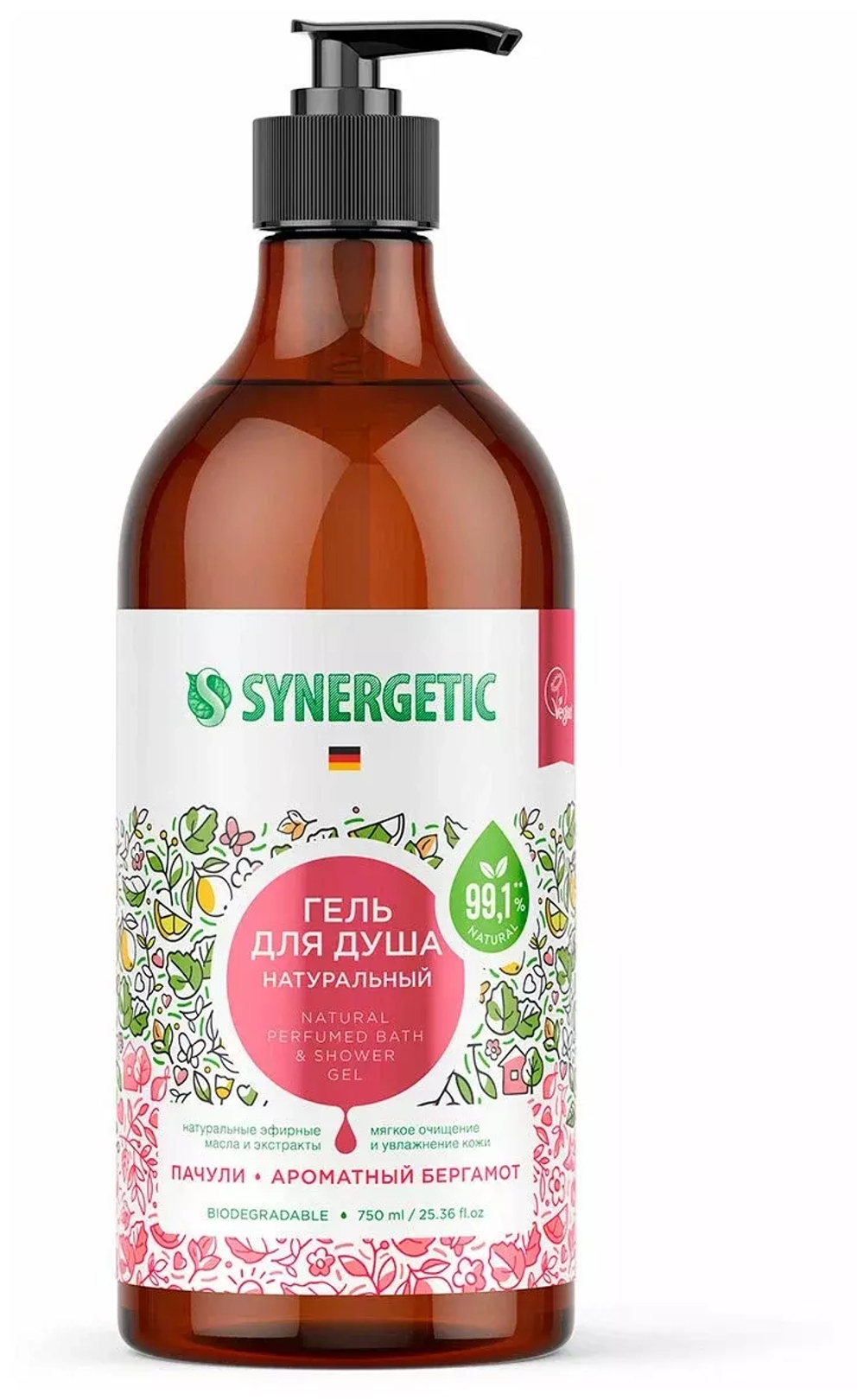 Гель для душа 750 мл SYNERGETIC "Пачули и ароматный бергамот", натуральный биоразлагаемый