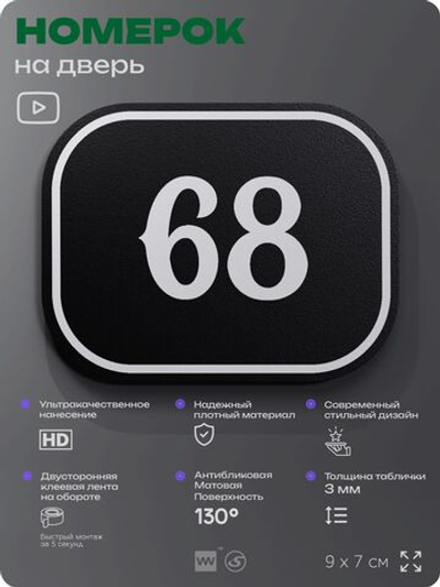 Номерок на дверь квартиры 68, для кабинета, офиса, шильдик 9 х 7 см, черный, Айдентика Технолоджи