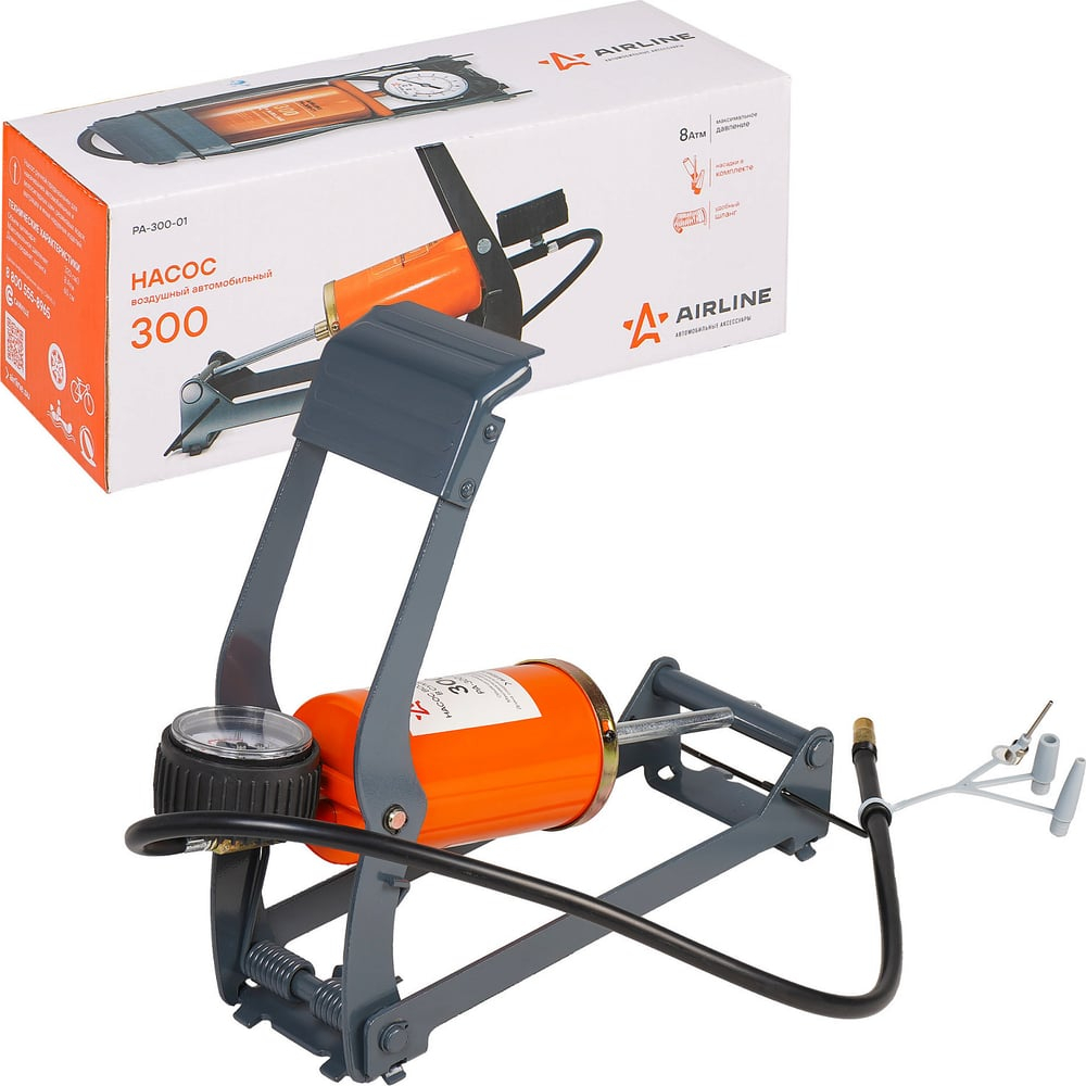 Насос автомобильный ножной, воздушный механический с манометром, цилиндр 320 см3 AIRLINE PA-300-01