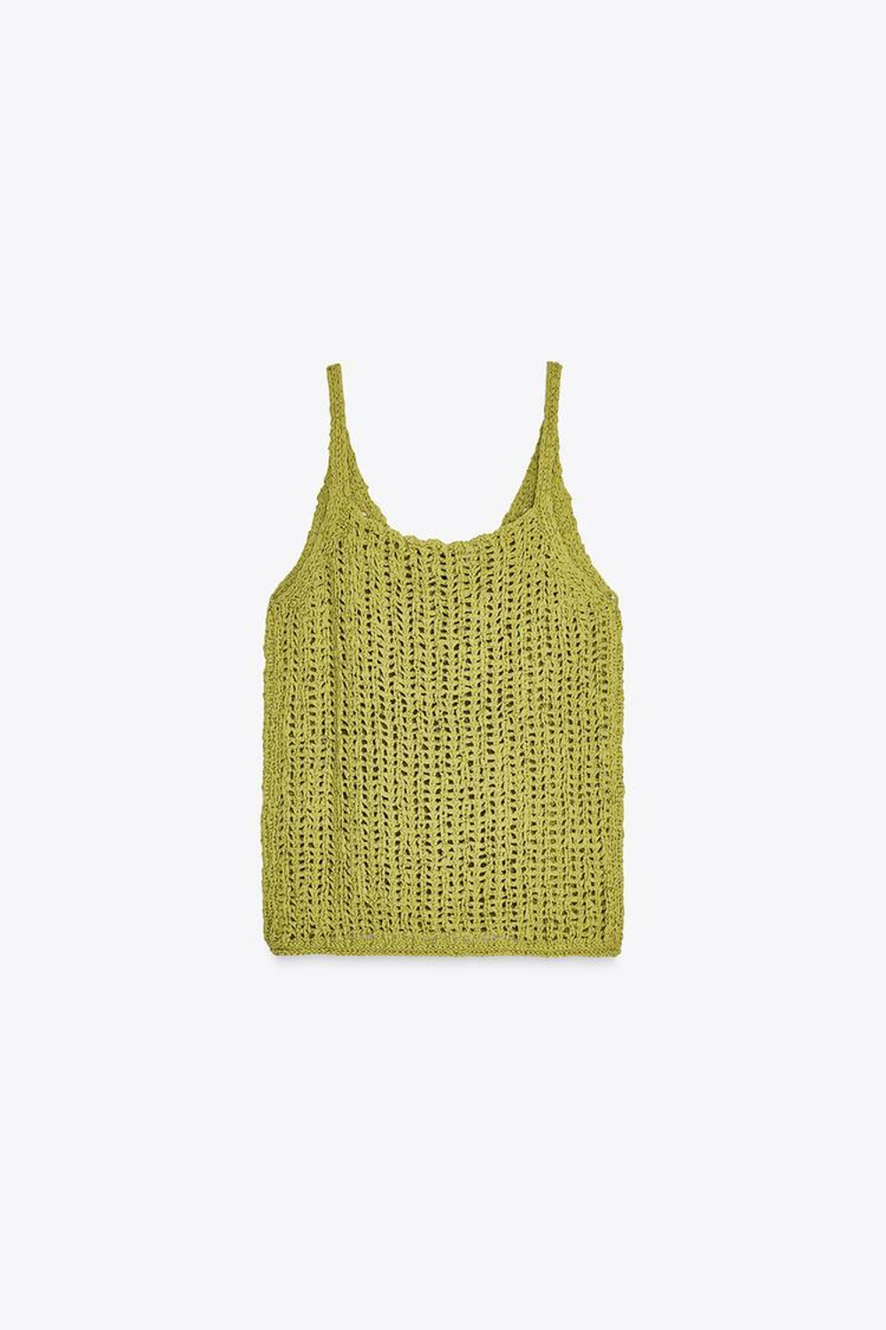 ZARA ТРИКОТАЖНЫЙ ТОП АЖУРНОЙ ВЯЗКИ, ЗЕЛЕНЫЙ
