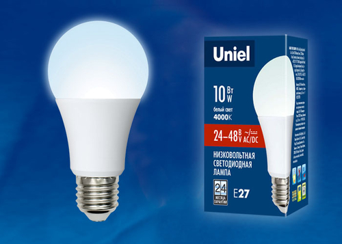 LED-A60-10W/NW/E27/FR/24-48V PLO55WH Лампа светодиодная. 24-48В. Форма «A», матовая. Белый свет (4000K). Картон. ТМ Uniel.