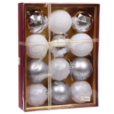 Новогодние шары «Волшебный вальс» 8 см (набор 12 шт), Серебро/Белый