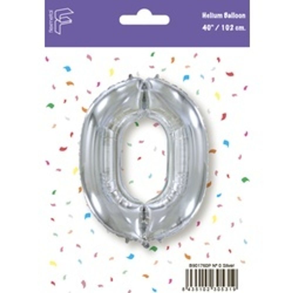 Шар (40''/102 см) Цифра, 0, Серебро, 1 шт. в уп.