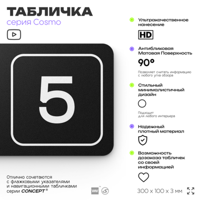 Таблички с номером кабинета "Кабинет №5", для офиса, 30 х 10 см, серия COSMO 3010, черная, Айдентика Технолоджи