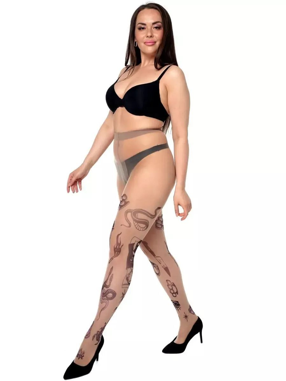 Колготки +size с принтом в виде мини-тату (Размер: XL-XXL-XXXL) (Цвет: бежевый)