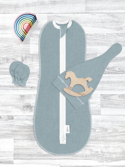 Комплект для новорожденного Mjölk Baby Blue {пеленальный кокон, шапочка, антицарапки},уценка