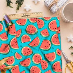 Ткань премиум шелк искусственный Армани дольки арбуза на голубом