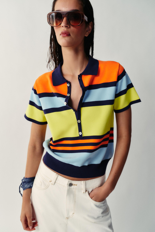 ZARA ТРИКОТАЖНОЕ ПОЛО В ПОЛОСКУ, РАЗНОЦВЕТНЫЙ