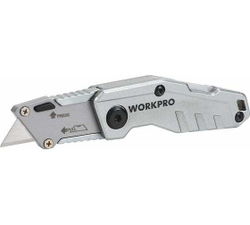 Складной быстросменный нож WORKPRO алюминиевый, трапециевидное лезвие WP211010