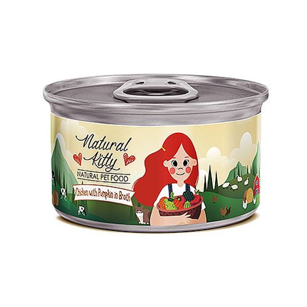Влажный корм для кошек Pettric Natural Kitty из курицы с тыквой в бульоне, банка 80 г