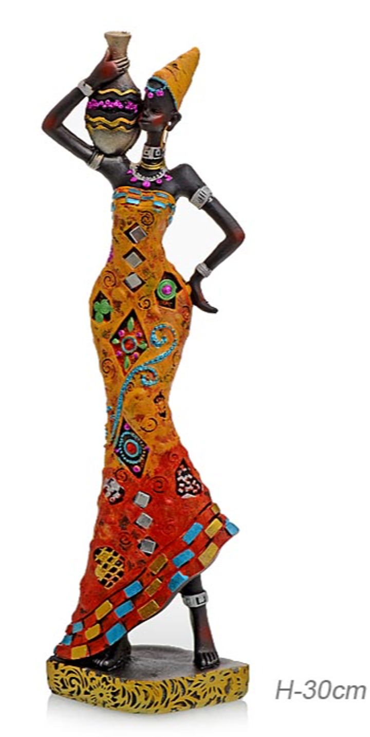 Статуэтка Африканка с кувшином на плече с зеркалами в желто-красном платье 30 см