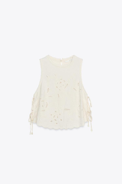 ZARA ТОП С ВЫШИВКОЙ И ЗАВЯЗКАМИ, БЕЛЫЙ