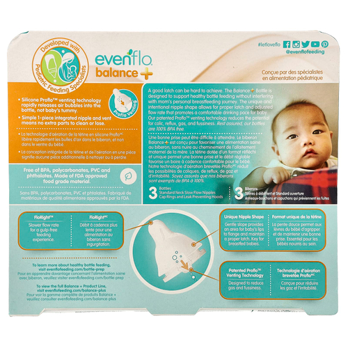 Evenflo Feeding, Balance +, стандартные, для детей от 0 месяцев, с медленным потоком, 3 флакона по 120 мл (4 унции)
