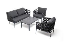 "Диего" лаунж-зона 4-местная плетеная из роупа (веревки), каркас алюминиевый темно-серый, роуп темно-серый