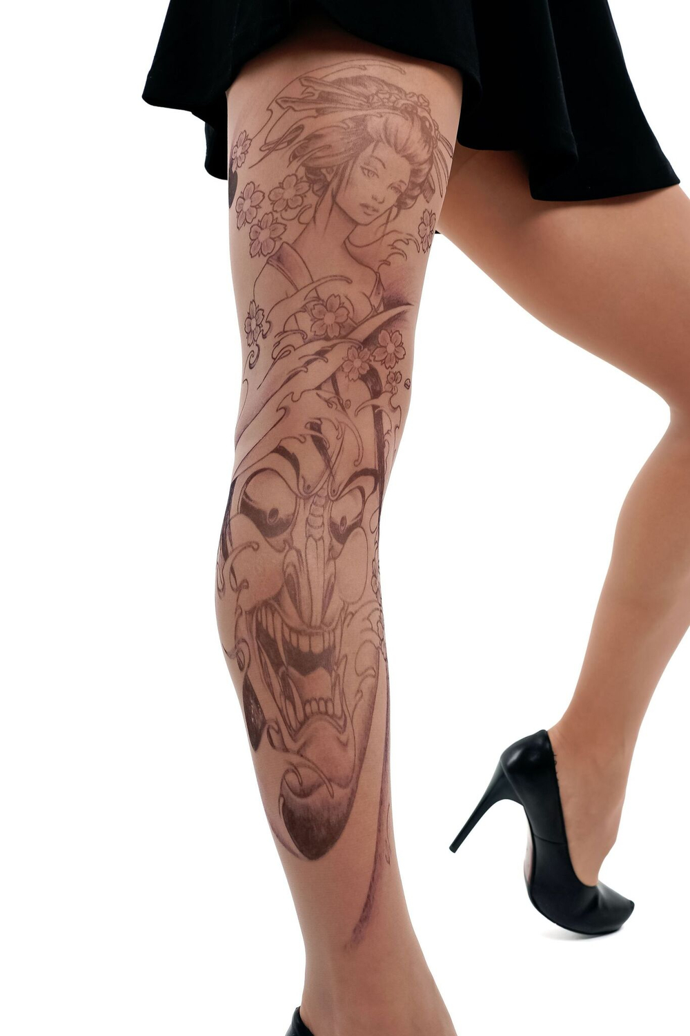Колготки +size с принтом в виде гейши и демона (Размер: XL-XXL-XXXL) (Цвет: бежевый)