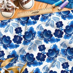 Ткань премиум шелк искусственный Армани вариации на тему гжели