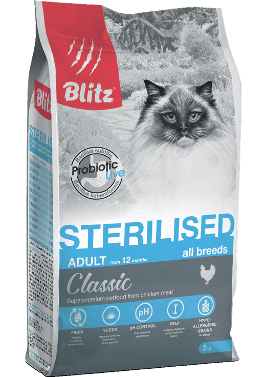 Сухой корм для стерилизованных кошек Blitz Classic Sterilised Cats Chicken с курицей, 2 кг