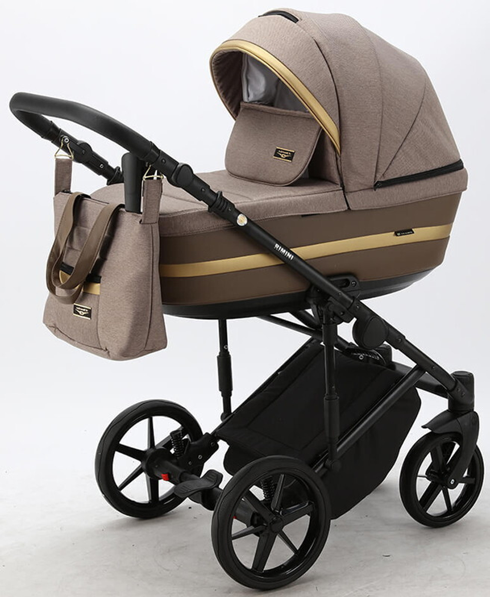 Детская коляска Adamex Rimini 3 в 1 RI15-TIP БЕЖ+КОРИЧНЕВ.КОЖА+ЗОЛОТО ОТДЕЛКА