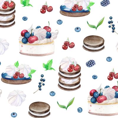 Пирожные, ягоды,макаруны и кусок торта на белом фоне