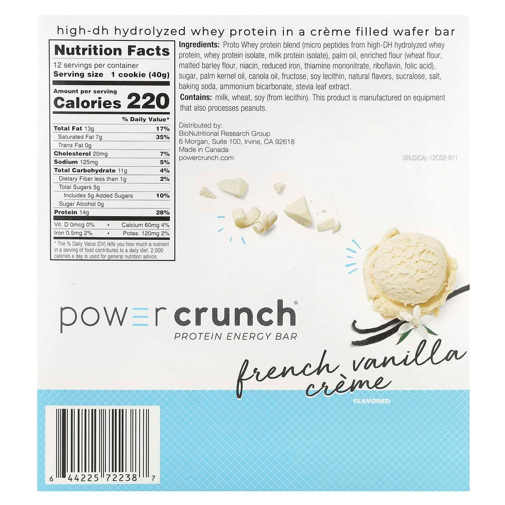 BNRG, Power Crunch® Protein Energy Bar, с французским ванильным кремом, 12 батончиков по 40 г (1,4 унции)