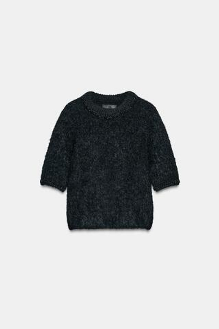 ZARA ДЖЕМПЕР С КОРОТКИМИ РУКАВАМИ И БУСИНАМИ, ЧЕРНЫЙ