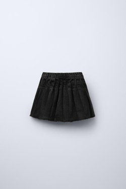 ZARA ДЖИНСОВАЯ ЮБКА СО СКЛАДКАМИ, ЧЕРНЫЙ