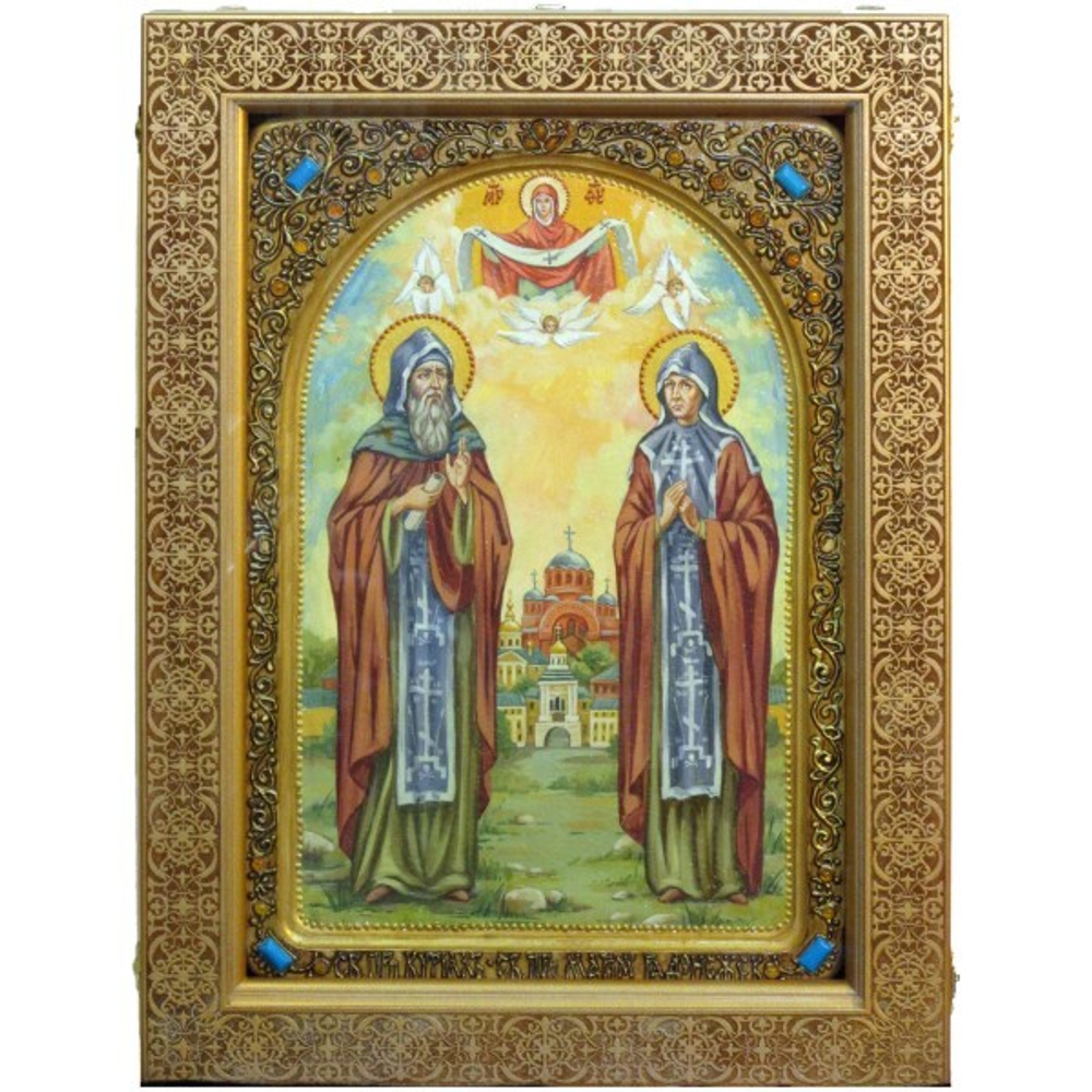 Большая Живописная икона Преподобные Кирилл и Мария Радонежские 42х29см на кипарисе в березовом киоте
