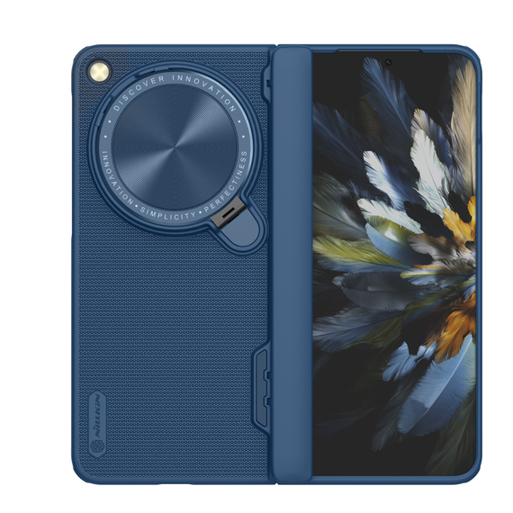 Чехол синего цвета усиленный с откидной защитной крышкой для камеры на OnePlus Open и OPPO Find N3 от Nillkin, серия Super Frosted Shield Prop
