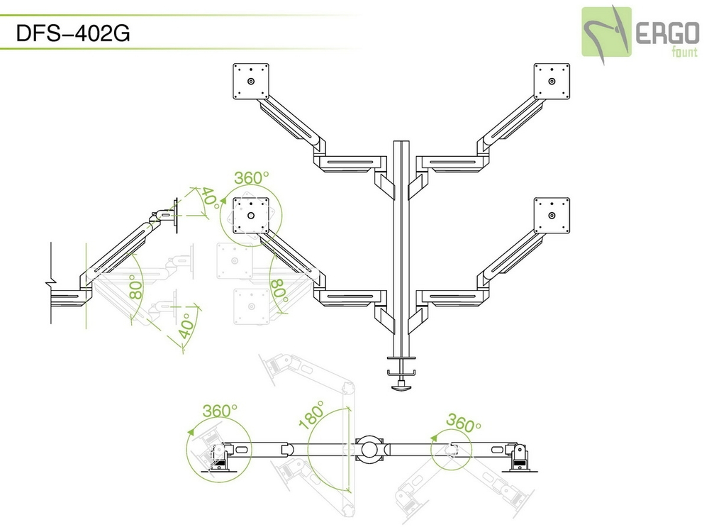 ErgoFount DFS-402G Настольное крепление для 4 мониторов диагональю до 24'' конфигурации 2х2 на шарнирных двухколенных вылетах со струбциной к столу типа "G". Цвет - серебристый