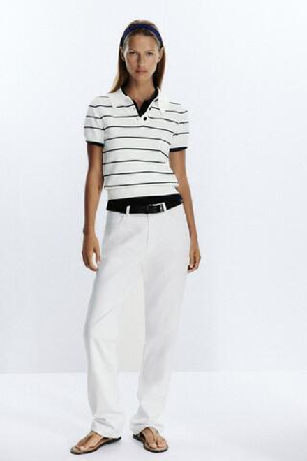 ZARA ТРИКОТАЖНЫЙ ТОП-ПОЛО С КОРОТКИМИ РУКАВАМИ, ПОЛОСКИ