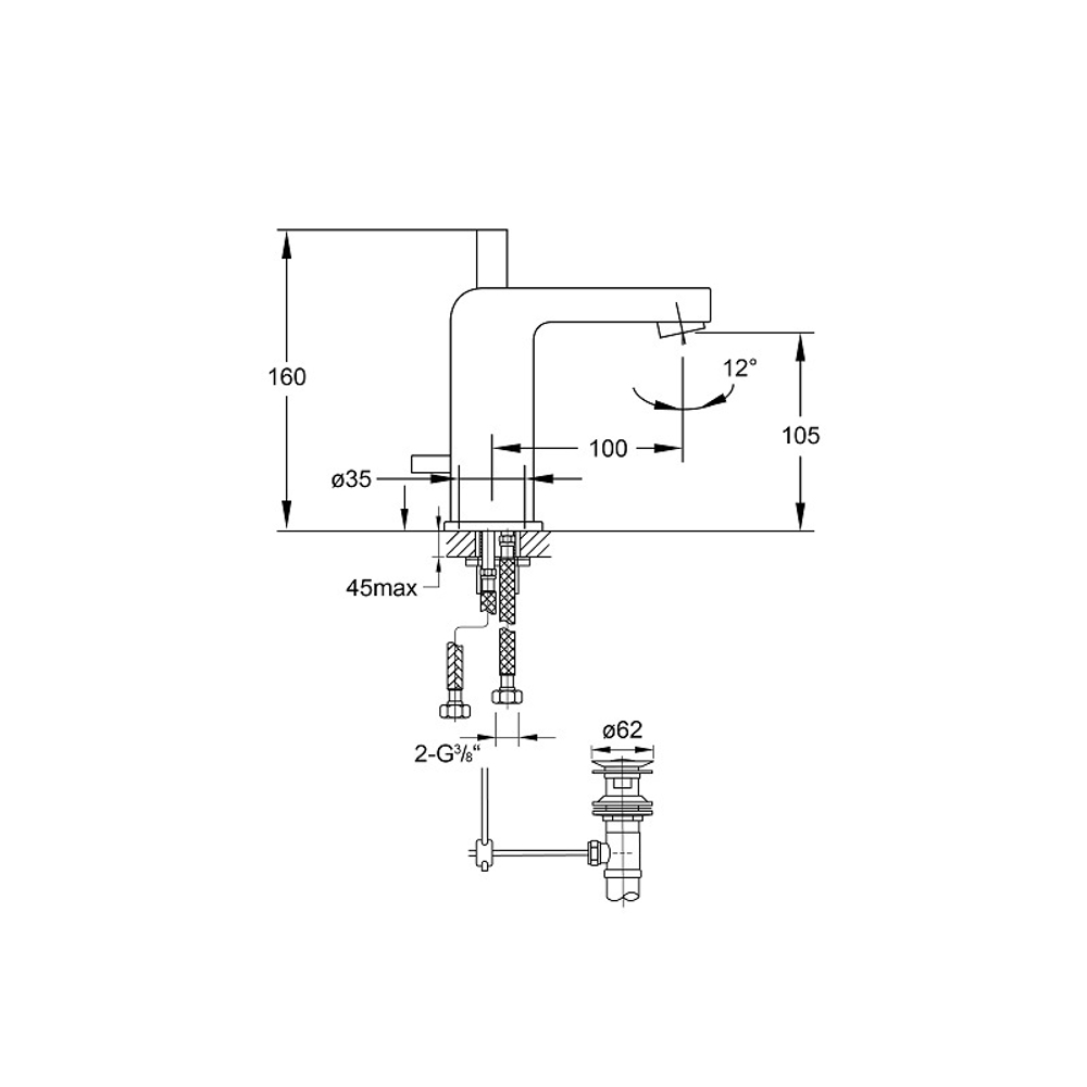 Смеситель для раковины Steinberg Серия 120 с керамическим картриджем, со сливным гарнитуром 1/4“,с гибкими шлангами 3/8“, хром 120 1000
