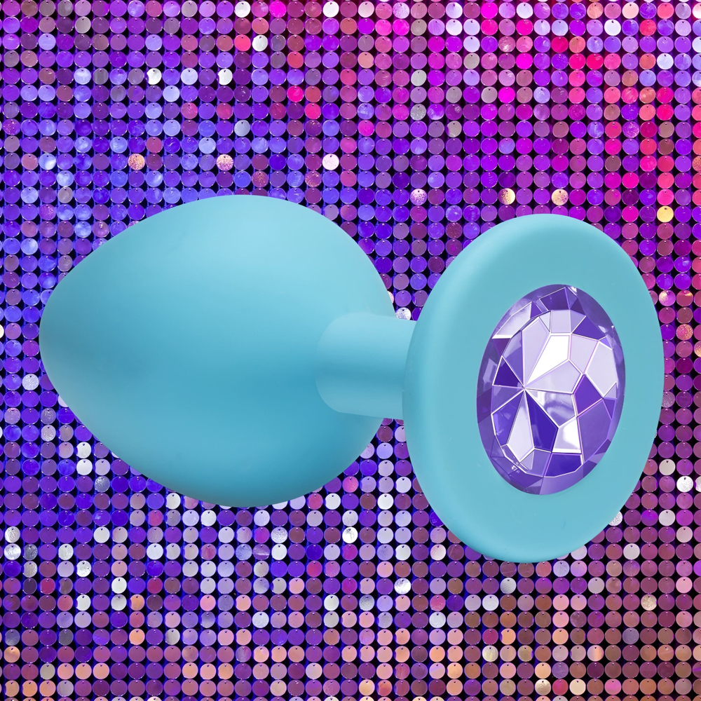 Голубая анальная пробка Cutie Small с фиолетовым кристаллом - 7,5 см.