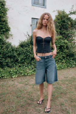 ZARA ДЖИНСОВЫЙ КОРСЕТНЫЙ ТОП TRF, ТЕМНЫЙ ИНДИГО