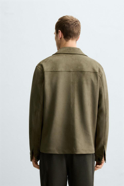 ZARA КУРТКА-РУБАШКА ИЗ ИСКУССТВЕННОЙ ЗАМШИ, ОЛИВКОВЫЙ