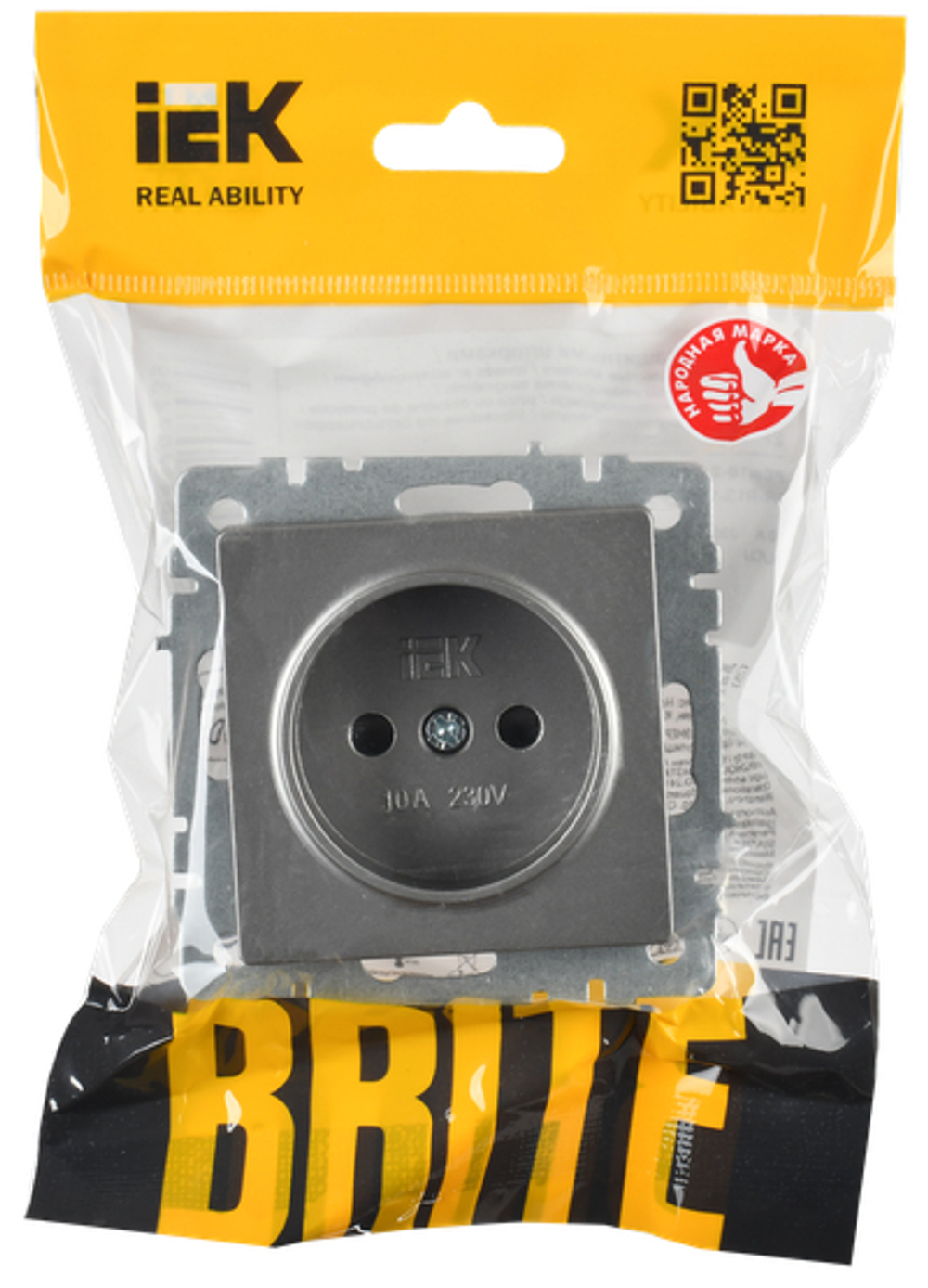 BRITE Розетка 1-местная без заземления с защитными шторками 10А РСш10-2-БрС сталь IEK