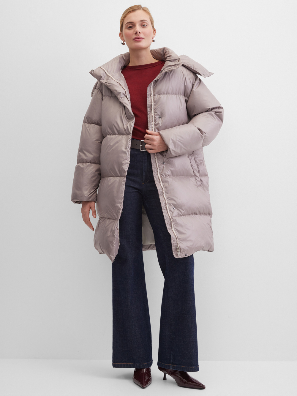 MIDI пуховик с объемным капюшоном, Beige Pink🐨🐨🐨