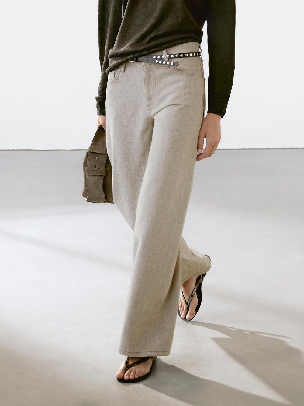 Massimo Dutti Джинсы со средней посадкой и широкими штанинами, бежевый