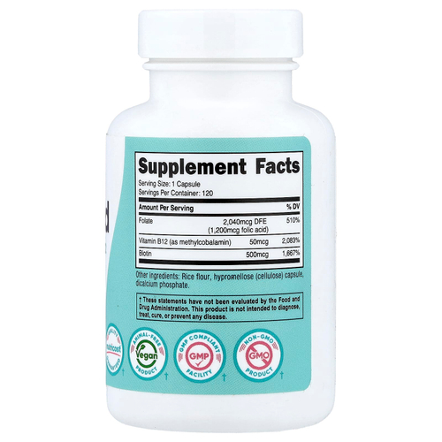 Nutricost, Фолиевая кислота с биотином и витамином B12 для женщин, 120 капсул