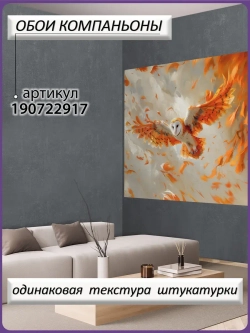 3D Фотообои оранжевая Сова в небе и перья