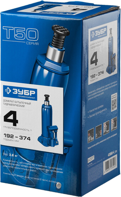 ЗУБР 4 т, 192 - 374 мм, бутылочный гидравлический домкрат, Профессионал (43060-4)