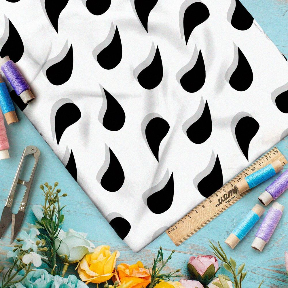 Ткань премиум атлас черные капли на белом
