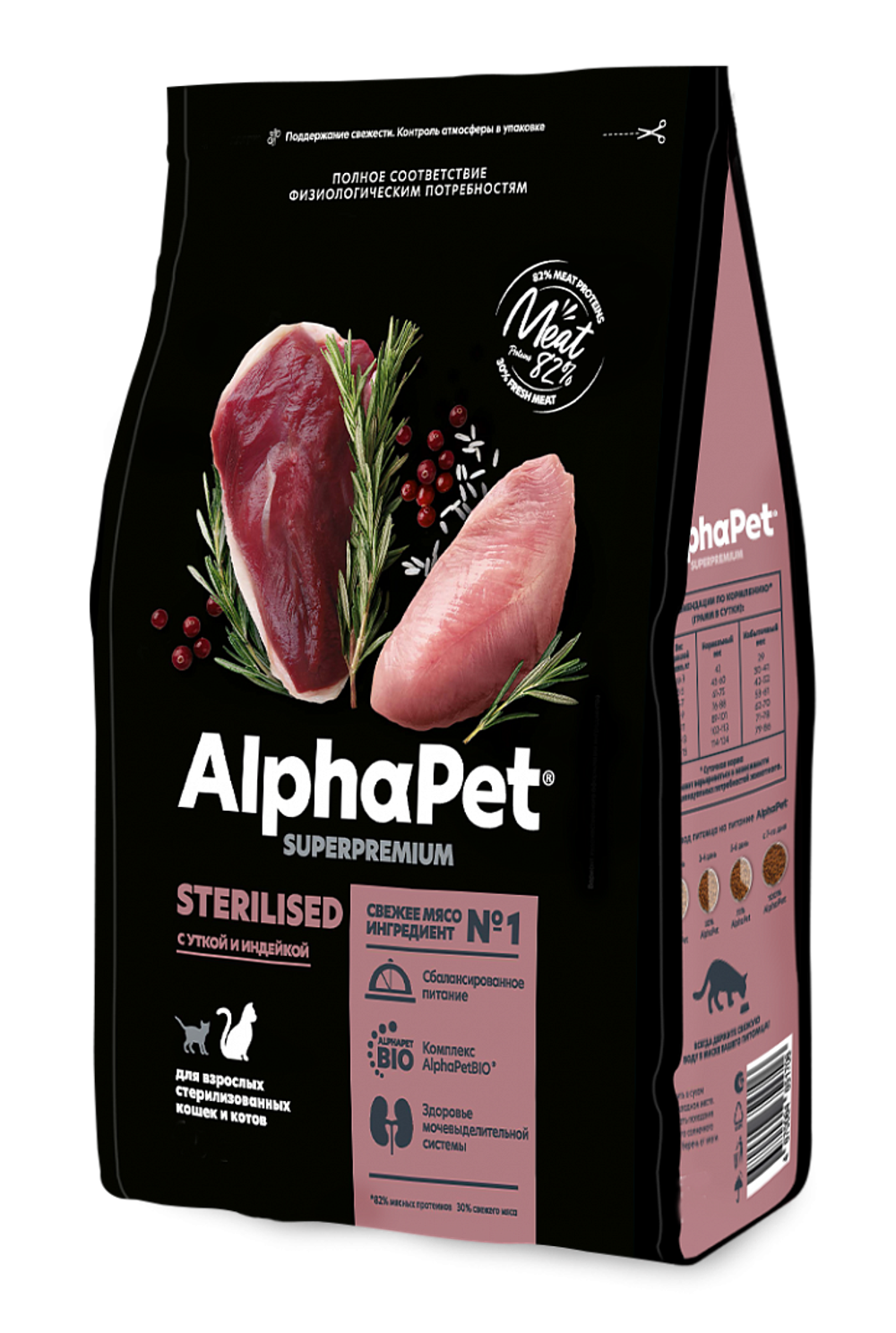 AlphaPet Superpremium Sterilised для кошек Утка с индейкой 1кг. развес