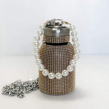 Термос-бутылка со стразами и жемчугом, цвет золото, 300 мл