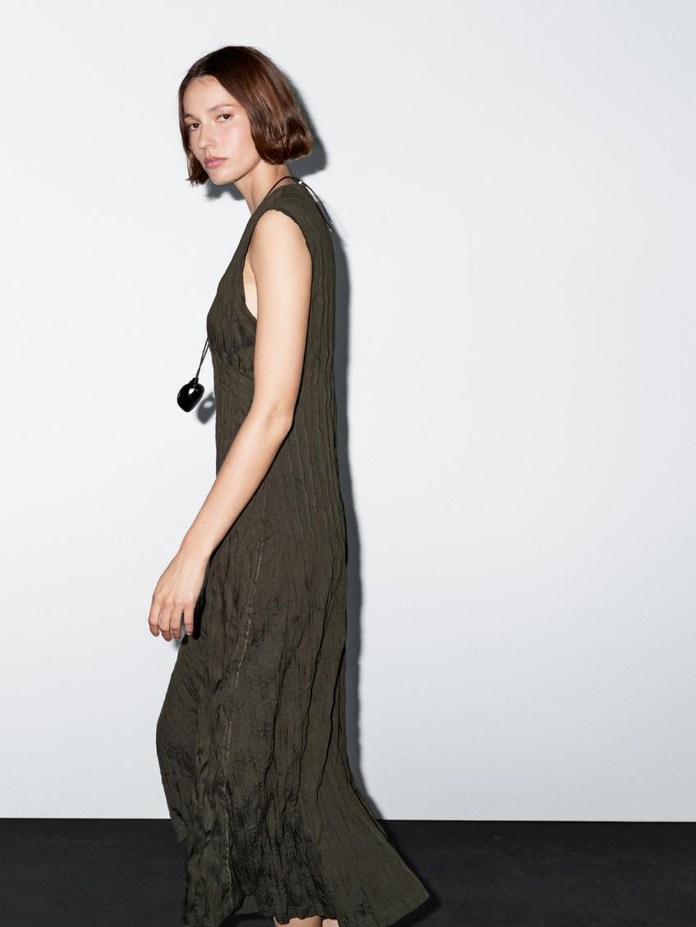 Massimo Dutti Длинное плиссированное платье, зеленый