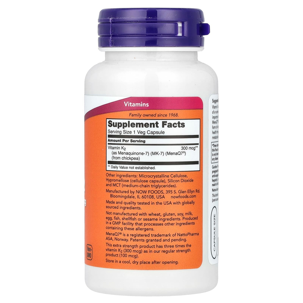 NOW Foods, MK-7, витамин K-2, 300 мкг, 120 растительных капсул