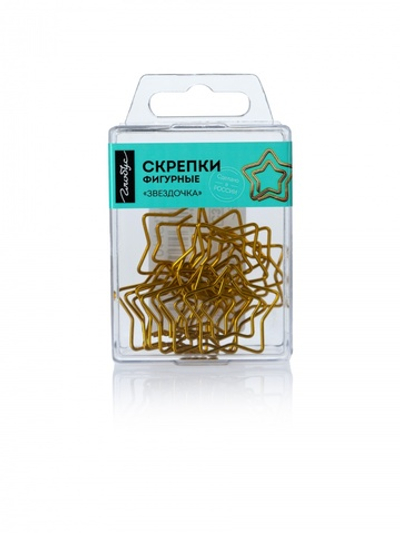 Скрепки фигурные звездочка L30 мм. 12 шт., пластиковая коробка, золотые Глобус